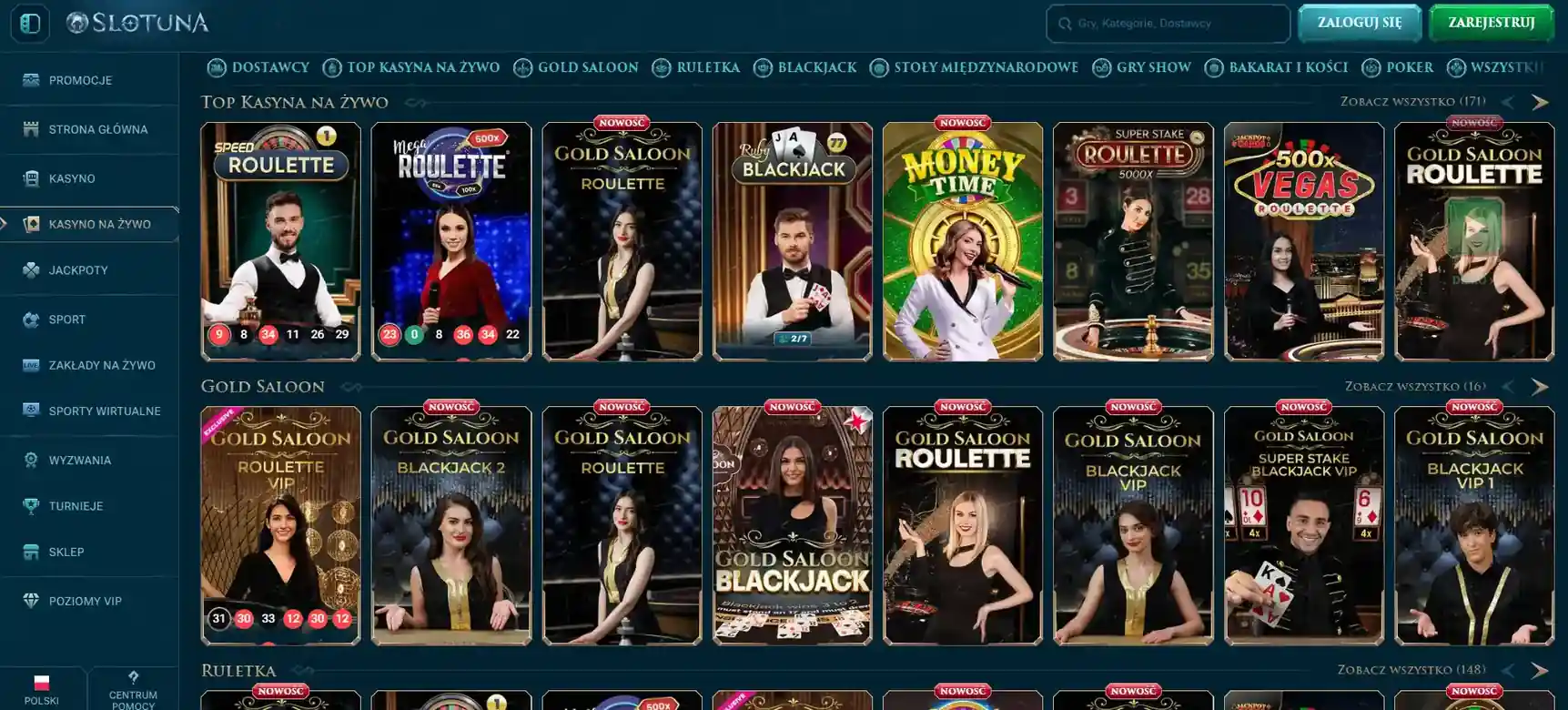 Sekcja Gry na Żywo w lobby Slotuna